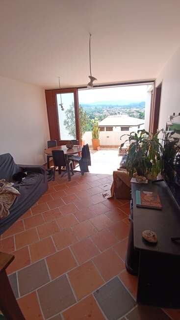 This cozy living room features terracotta tile flooring, a couch with a cat, dining table, lush plants, and large windows offering scenic mountain views and sunlight.