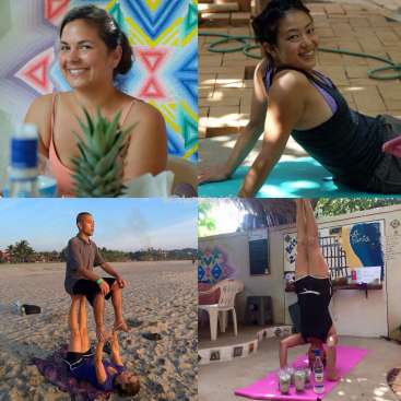 La imagen es un collage de cuatro fotos en las que aparecen personas realizando diversas actividades, como yoga, acrobacias y relajación en una playa o un patio.