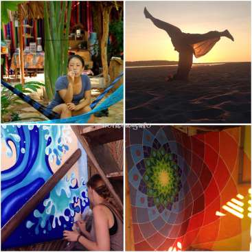 La imagen es un collage de cuatro fotos en las que aparece una mujer en distintos escenarios, como una hamaca, una playa y una habitación con un mural.