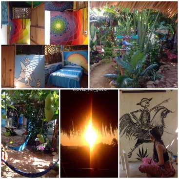 La imagen es un collage de seis fotos que muestran diversas escenas artísticas y naturales, como una hamaca, un mural y una puesta de sol.