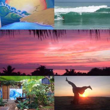 La imagen es un collage de cuatro fotografías en las que aparecen un surfista, una puesta de sol, un entorno tropical y una persona haciendo el pino en la playa.