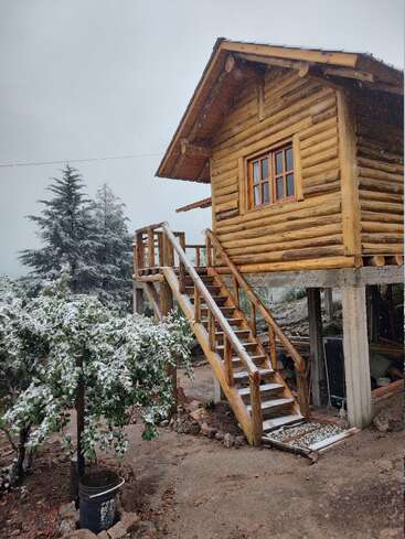 Eine gemütliche Holzhütte mit einer Treppe, die mit leichtem Schnee bedeckt ist, liegt hoch oben. Die Bäume und Pflanzen in der Umgebung sind mit Schnee bedeckt und schaffen eine friedliche, winterliche Atmosphäre.