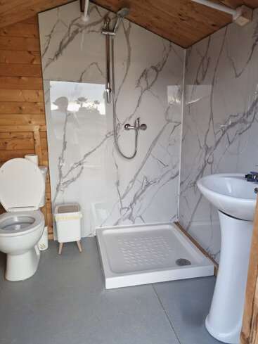 Esta imagem mostra um banheiro moderno com decoração em madeira e mármore. Ele inclui um vaso sanitário, uma pequena lixeira, uma área de chuveiro aberta e uma pia com pedestal, tudo bem organizado.