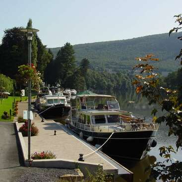 The image depicts a serene scene of boats docked at a marina, surrounded by lush trees and a picturesque landscape under a clear blue sky.