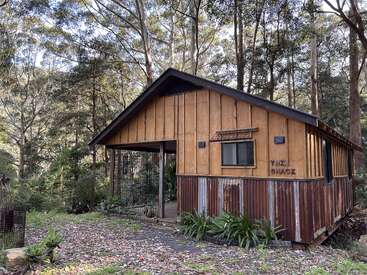 A rustic wooden cabin labeled "The Shack" sits amidst tall trees and lush greenery, featuring corrugated metal siding and a cozy, welcoming front porch.