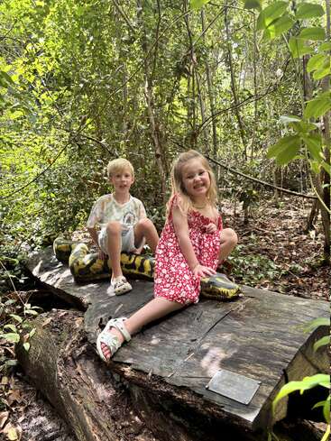 Zwei lächelnde Kinder sitzen auf einem großen Holzstamm in einem üppig grünen Wald. Sie sind von Laub umgeben und sehen glücklich aus, während sie gemeinsam die Natur genießen.