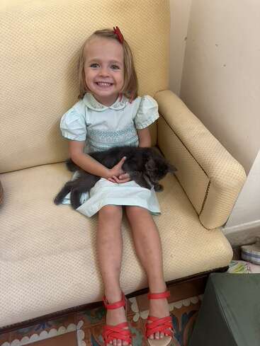 Une petite fille souriante, coiffée d'un nœud rouge, vêtue d'une robe bleu clair et de sandales rouges, est assise sur un fauteuil beige et tient tendrement dans ses bras un chaton gris.