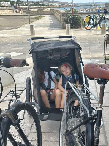 Deux jeunes enfants dorment dans une remorque à vélo garée sur un chemin pavé près de l'eau. On aperçoit des vélos à proximité, et l'arrière-plan offre une vue pittoresque sur le bord de l'eau.