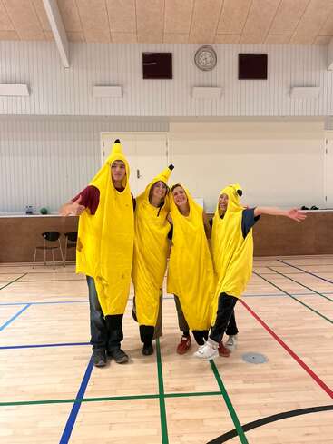 Four people in bright yellow banana costumes pose together in a gymnasium, smiling and having fun, standing on a wooden sports court with colored lines.