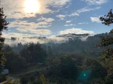 The image depicts a serene landscape with trees, a dirt road, and a camper, set against a backdrop of rolling hills and a blue sky with white clouds.
