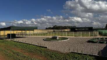 This image depicts a rural farm area with fenced enclosures, a gravel pathway, a circular garden bed in the center, and green fields under a cloudy sky.