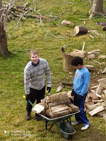 Deux hommes sont debout dans une zone herbeuse, l'un tenant une pelle et l'autre poussant une brouette remplie de bois de chauffage, avec des bûches coupées éparpillées autour d'eux.