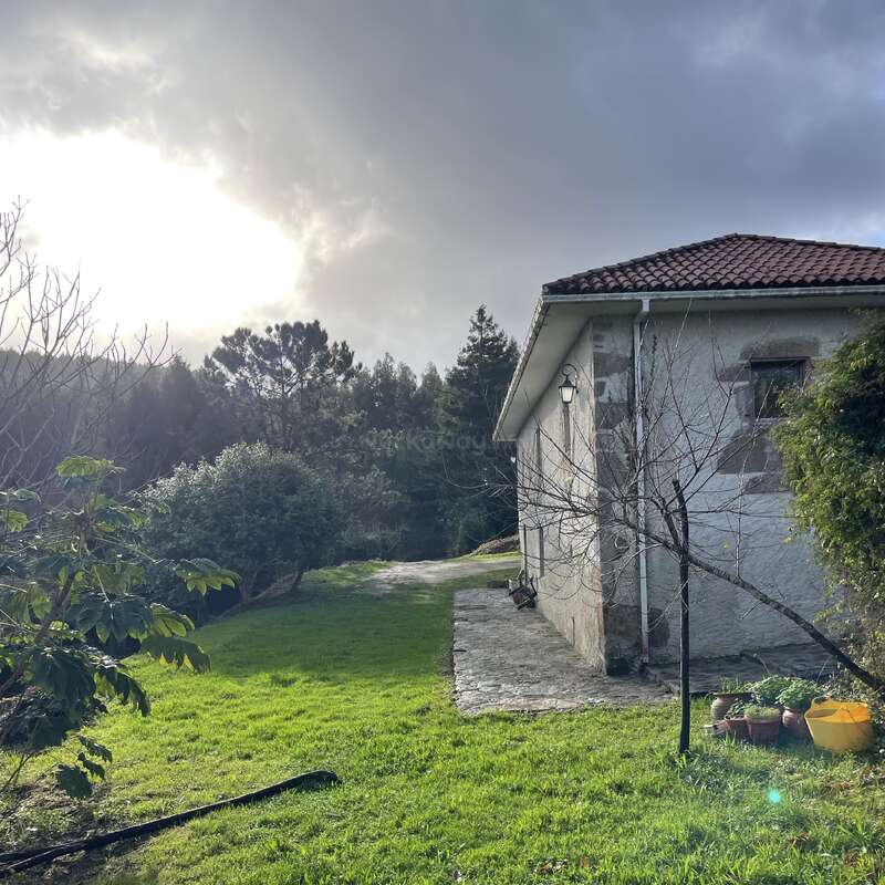 Uma casa de campo com telhado vermelho fica ao lado de um jardim verdejante. A luz do sol aparece por entre as nuvens, iluminando as árvores e os vasos de plantas no quintal.