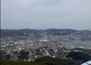 Cette image représente un paysage urbain entouré de montagnes et d'eau, mettant en valeur une zone densément bâtie, un port, des collines verdoyantes et un ciel nuageux, offrant ainsi une vue urbaine paisible.