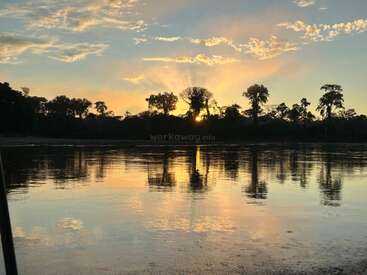 The sun sets behind tall trees, casting golden rays and reflections on a calm river. Clouds scatter across the serene sky, creating a peaceful atmosphere.