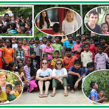 A large diverse group of children and international volunteers gather outdoors, smiling, interacting, and participating in activities, indicating a vibrant, multicultural educational or community event.