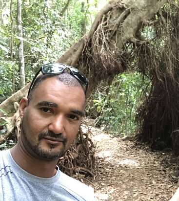 The image depicts a man standing in front of a large tree with exposed roots, surrounded by a forest, wearing sunglasses on his head and a grey t-shirt.