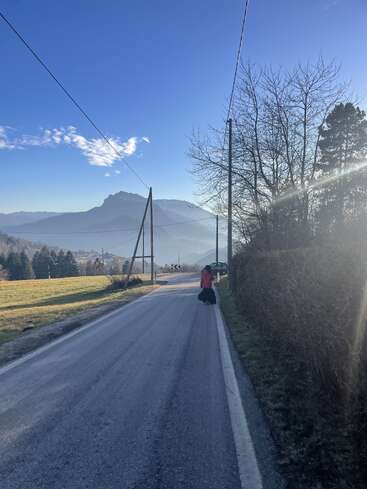 A quiet road stretches towards misty mountains. A person in a red jacket walks along the roadside, surrounded by fields, leafless trees, and bright morning sunlight.