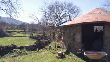 Une cabane rustique en pierre se dresse dans un champ herbeux, entourée d'arbres dénudés, d'un mur de pierre, d'une échelle, de briques éparpillées et d'une brouette jaune sous un soleil éclatant.