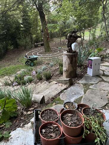 Um jardim tranquilo apresenta vasos de plantas, degraus de pedra, um carrinho de mão e uma espiral delineada com pedras. Árvores e vegetação cercam esculturas e decorações de madeira peculiares.