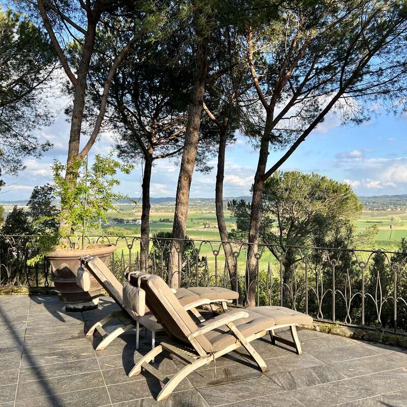 La imagen representa una serena escena de patio con dos tumbonas, un árbol en maceta y una verja de hierro forjado con vistas a un pintoresco paisaje de árboles y campos bajo un cielo azul.