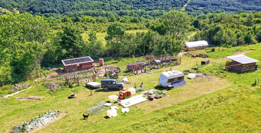 A rural homestead features a caravan, solar panels, a jeep, livestock, garden beds, various equipment, and structures, all surrounded by lush trees and greenery.