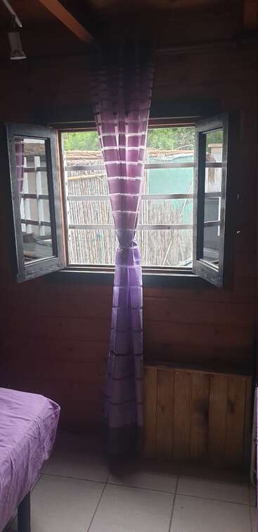 This image shows an open window with sheer purple curtains. Outside, a bamboo fence and greenery are visible. A bed with a purple sheet is nearby.