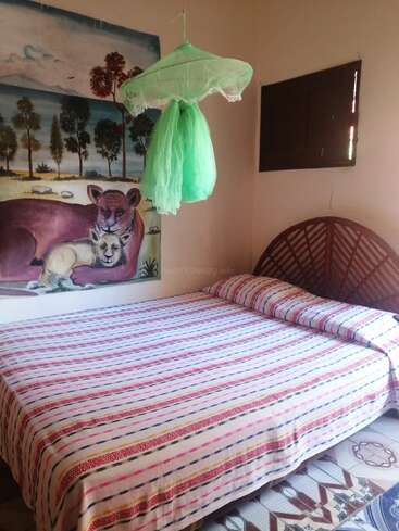 A imagem mostra um quarto aconchegante com uma cama de solteiro, uma colcha listrada vibrante e uma pintura serena de uma leoa e seu filhote na parede.