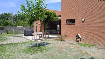 La imagen representa un patio con un árbol, una valla y una casa, con un gran árbol en el centro, rodeado por una valla y una casa al fondo. El jardín está bien cuidado y es acogedor.