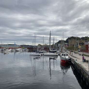 La imagen representa una serena escena de puerto deportivo, con un muelle con barcos y yates, sobre un cielo nublado con algunos edificios y colinas al fondo.