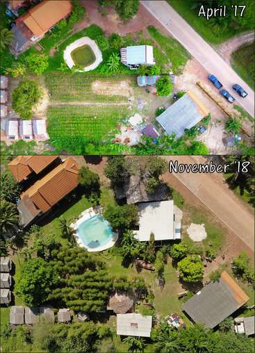 La imagen presenta una vista aérea de una propiedad, mostrando su transformación a lo largo del tiempo, con una comparación de dos periodos distintos: abril de 2017 y noviembre de 2018.