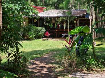 La imagen muestra un sereno jardín tropical con una pequeña casa rústica con patio cubierto, rodeada de exuberante vegetación y plantas vivas.