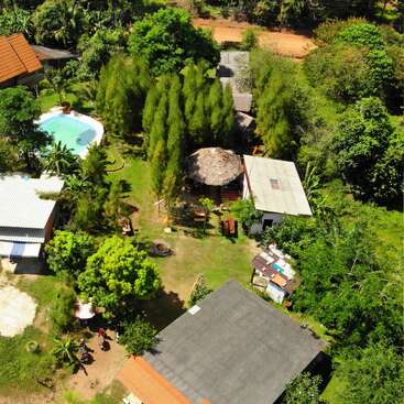 La imagen, captada desde una perspectiva aérea, muestra un sereno entorno tropical con una piscina, una cabaña con tejado de paja y varios edificios rodeados de frondosos árboles y vegetación.