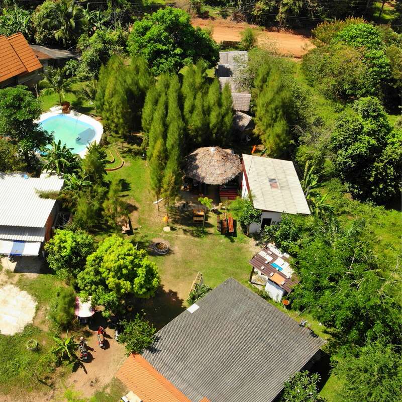 La imagen, captada desde una perspectiva aérea, muestra un sereno entorno tropical con una piscina, una cabaña con tejado de paja y varios edificios rodeados de frondosos árboles y vegetación.