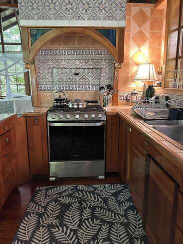 This cozy kitchen features wooden cabinets, a patterned tile backsplash, stainless steel stove, utensils, lamp, dish rack, leafy rug, and abundant natural light from nearby windows.