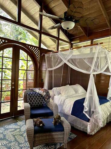 This cozy bedroom features wooden walls, large arched windows, a ceiling fan, a canopy bed with netting, wicker furniture, plush cushions, and leafy outdoor views.