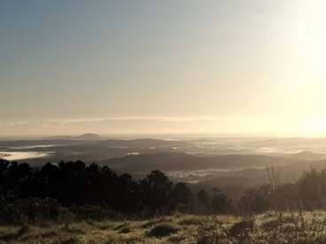 La imagen muestra un sereno amanecer sobre colinas onduladas, la niebla arremolinándose en los valles, la luz dorada del sol iluminando el paisaje y árboles lejanos proyectando sombras largas y suaves.
