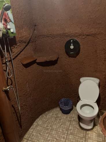 This image shows a rustic bathroom with mud-textured walls, a shower fixture, a white toilet, a small trash bin, and tiled floor with floral patterns.