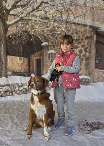 A young girl in a pink vest and gray outfit stands beside a brown dog. They’re outdoors in a snowy winter scene, with festive lights overhead.