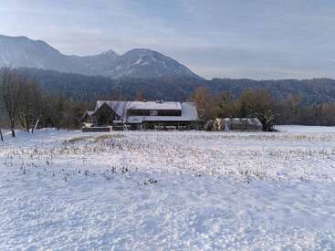 Une maison confortable se trouve tranquillement dans un champ enneigé, entourée d'arbres avec des montagnes en arrière-plan sous un ciel d'hiver pâle et clair. Une scène paisible.