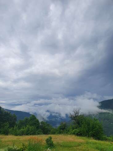 Um céu nublado domina uma paisagem verdejante. A névoa e a bruma pairam sobre as colinas distantes, enquanto a grama e as árvores vibrantes cobrem o primeiro plano. A natureza transmite uma sensação de calma e mistério.