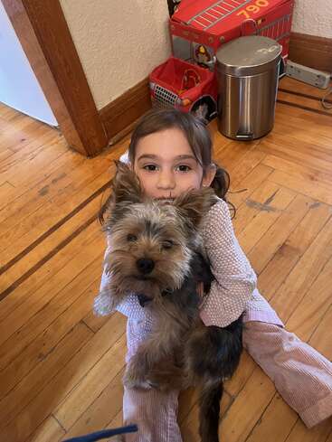 A young girl sits on a wooden floor, hugging a small, fluffy dog. Behind her are a red toy fire truck, a metal trash can, and some toys.
