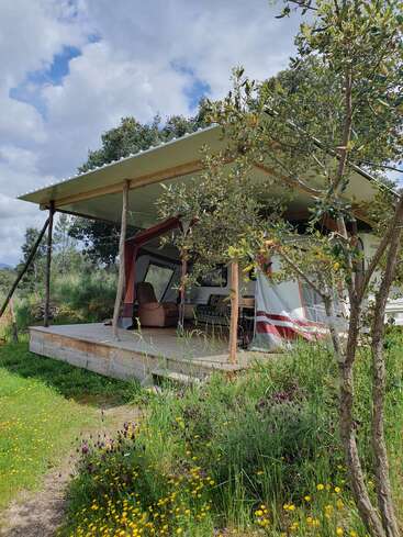 A rustic glamping tent sits on a wooden deck, surrounded by wildflowers and greenery, under a partly cloudy sky, blending nature and comfort seamlessly.