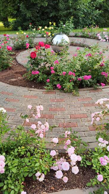A beautiful rose garden features pink, red, and yellow roses arranged around curved brick paths, centered by a shiny metallic sphere reflecting the surroundings.