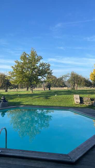 A clear blue swimming pool reflects green trees under a bright sky. The pool is surrounded by grass, a statue, and peaceful countryside scenery.