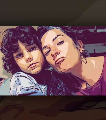 A digitally stylized image shows a woman and a child with curly hair, posing closely together, both wearing neutral expressions, evoking a sense of warmth and connection.