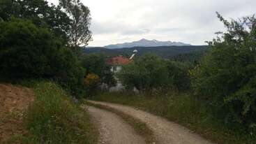 Eine kurvenreiche Feldweg führt durch üppiges Grün zu einem kleinen Haus mit rotem Dach, das von Bäumen umgeben ist, während im Hintergrund Berge zu sehen sind.