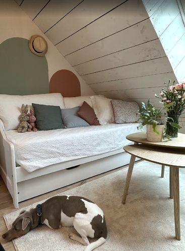 A cozy attic room with a white couch, colorful pillows, soft toys, and plants. A dog is sleeping on a rug beside a wooden table.