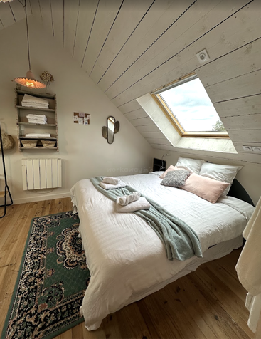 A cozy attic bedroom with slanted white wooden ceiling, skylight window, inviting double bed, soft pillows, mint throw blanket, shelf, and vintage-style green rug.