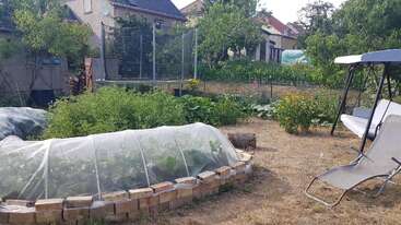 Ein Garten hinterm Haus mit Hochbeeten, überdachten Pflanzen, üppigem Grün, einem Trampolin, einer Schaukel, Blumenbeeten und den Häusern in der Nachbarschaft unter einem klaren Himmel.